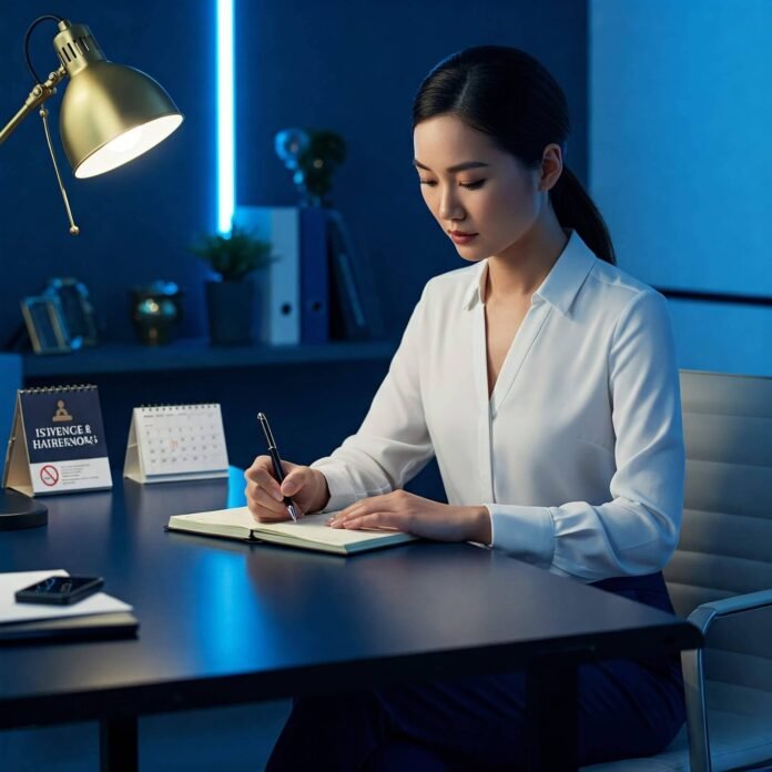 Professional Woman Writing in Blue and Gold Office