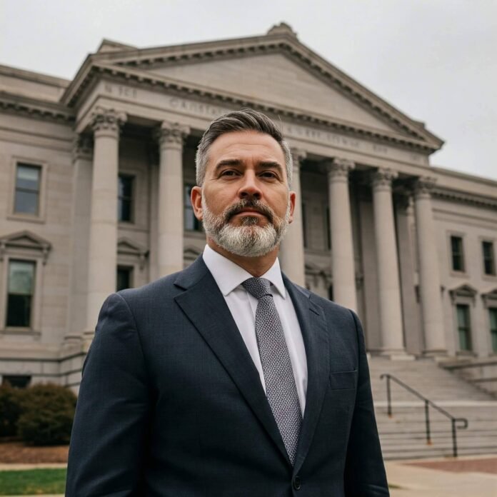 Confident Person Stands Before Courthouse