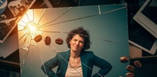 How to Break the Glass Ceiling and Lead with Confidence? Cracked glass, woman in power pose, spilled coffee, blurry city.