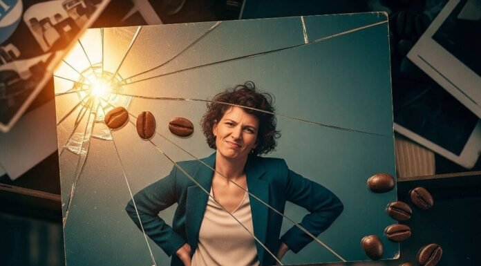 How to Break the Glass Ceiling and Lead with Confidence? Cracked glass, woman in power pose, spilled coffee, blurry city.