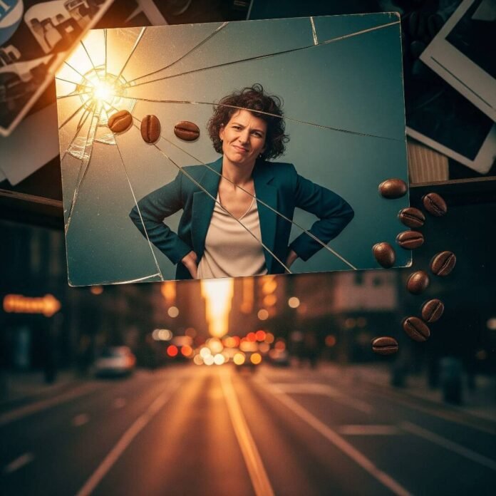Cracked glass, woman in power pose, spilled coffee, blurry city.