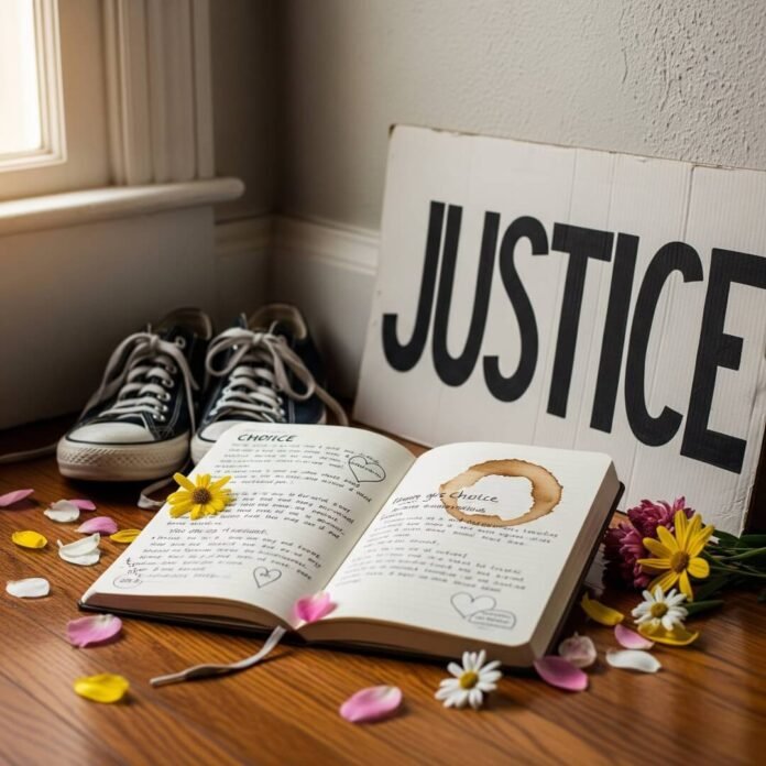 A journal with a coffee stain, worn sneakers, and a protest sign on a floor.