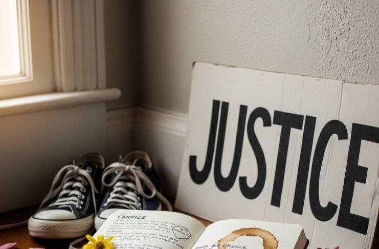 How to Talk About Abortion Access Without Shame A journal with a coffee stain, worn sneakers, and a protest sign on a floor.