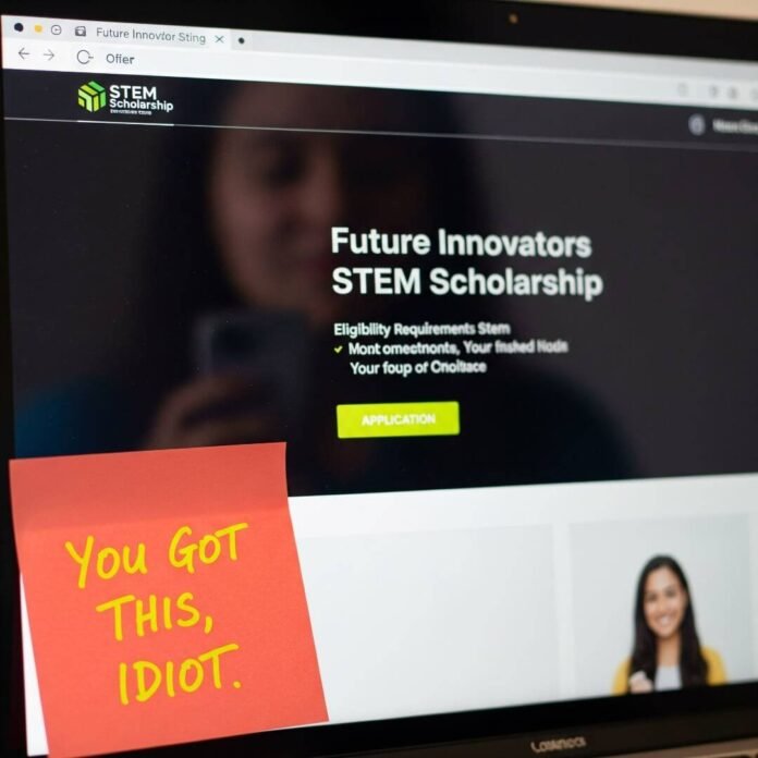A blurry image of a laptop screen with a STEM scholarship site and a sticky note that reads "You Got This, Idiot." A blurry image of a laptop screen with a STEM scholarship site and a sticky note that reads "You Got This, Idiot."