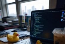 Coding Like a Girl: Why It’s Time to Rethink STEM Blurry desk with laptop, code, sock, rubber duck, iced coffee with lipstick.