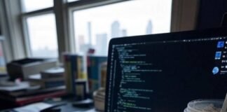 Coding Like a Girl: Why It’s Time to Rethink STEM Blurry desk with laptop, code, sock, rubber duck, iced coffee with lipstick.