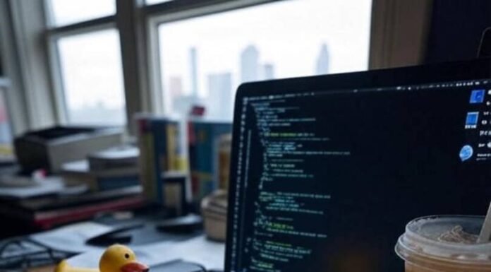 Coding Like a Girl: Why It’s Time to Rethink STEM Blurry desk with laptop, code, sock, rubber duck, iced coffee with lipstick.