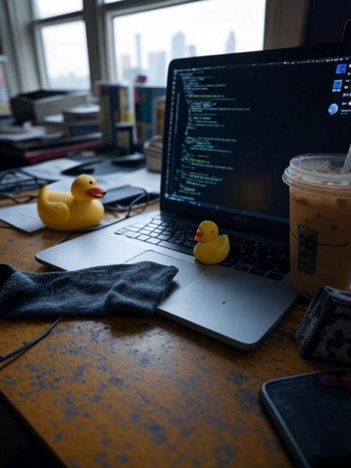 Blurry desk with laptop, code, sock, rubber duck, iced coffee with lipstick.