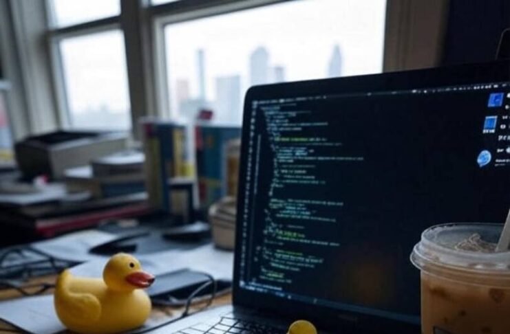 Coding Like a Girl: Why It’s Time to Rethink STEM Blurry desk with laptop, code, sock, rubber duck, iced coffee with lipstick.