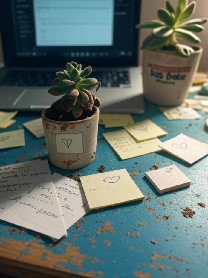 Blurry desk with laptop, chipped "Boss Babe" mug, sad succulent, sticky notes, spilled coffee. Blurry desk with laptop, chipped "Boss Babe" mug, sad succulent, sticky notes, spilled coffee.