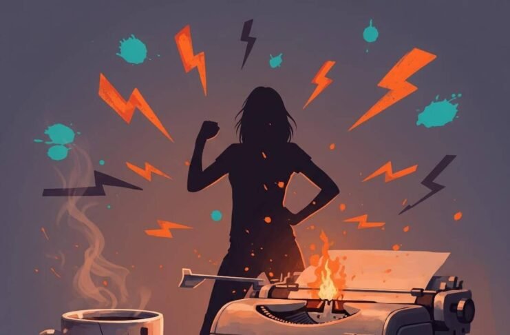 Women in Power: Real Stories of Leadership That Inspire A chipped mug, glowing typewriter, and power-posing woman silhouette.