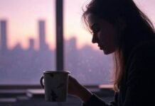 From Manager to CEO: Steps Every Woman Should Know Woman silhouette, chipped mug, messy desk, faint city skyline.