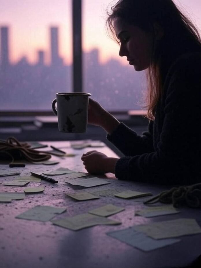 Woman silhouette, chipped mug, messy desk, faint city skyline.