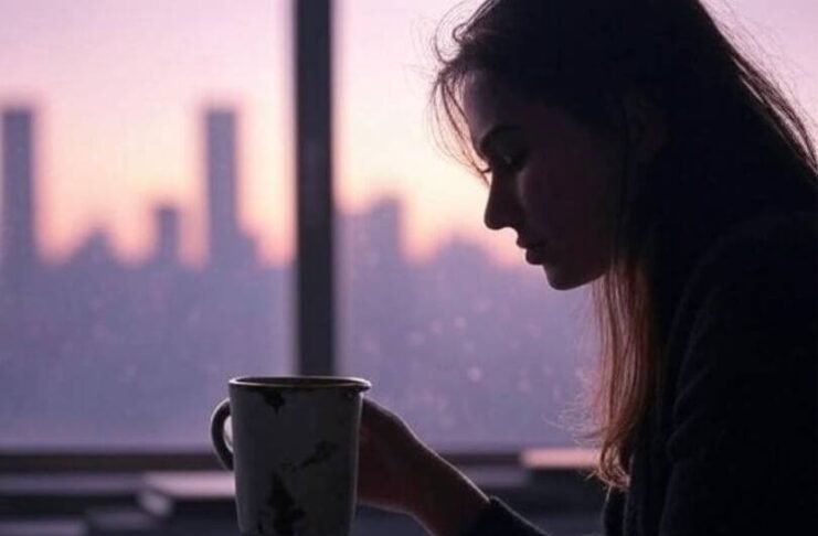 From Manager to CEO: Steps Every Woman Should Know Woman silhouette, chipped mug, messy desk, faint city skyline.