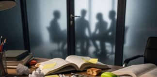 How to Identify and Challenge Inequality at Work A chaotic desk with a chipped mug, a notebook, a green stapler, and a reflection.