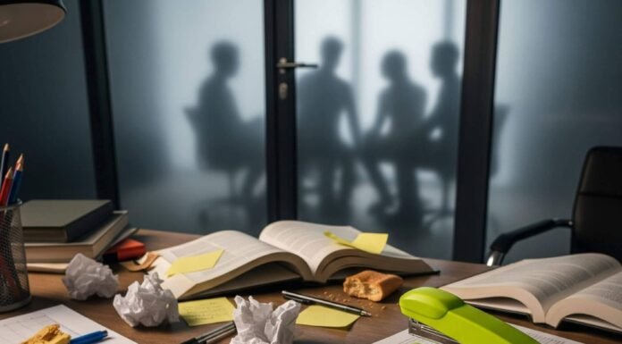 How to Identify and Challenge Inequality at Work A chaotic desk with a chipped mug, a notebook, a green stapler, and a reflection.