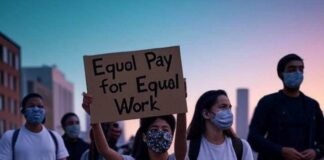 What Women Really Want: Equal Pay, Respect & Opportunity Blurry protest with "Equal Pay" sign, worn sneakers, coffee cups, dusk skyline.