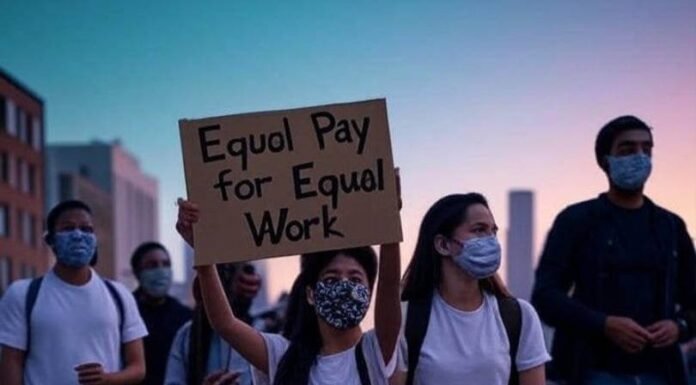 What Women Really Want: Equal Pay, Respect & Opportunity Blurry protest with "Equal Pay" sign, worn sneakers, coffee cups, dusk skyline.