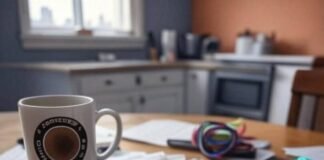 The Mental Load: How Modern Women Cope and Conquer Cluttered Philly kitchen table with coffee mug, to-do list, phone, and tangled hair tie.