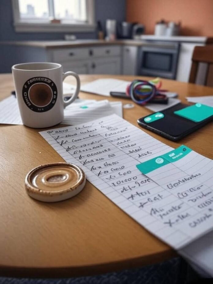 Cluttered Philly kitchen table with coffee mug, to-do list, phone, and tangled hair tie. Cluttered Philly kitchen table with coffee mug, to-do list, phone, and tangled hair tie.
