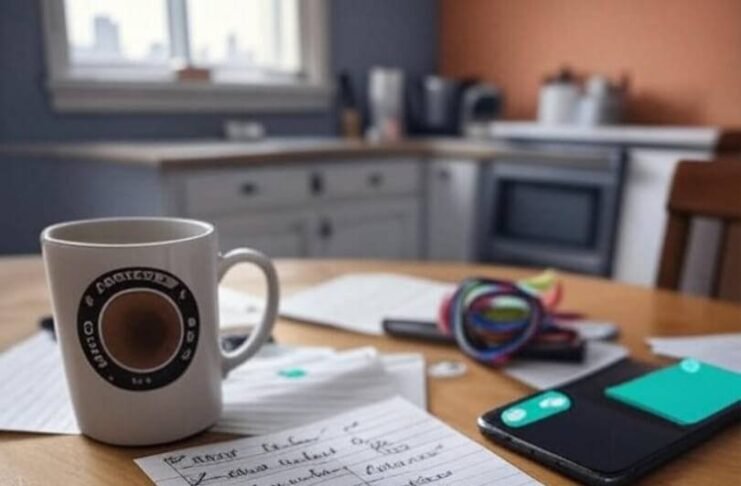 The Mental Load: How Modern Women Cope and Conquer Cluttered Philly kitchen table with coffee mug, to-do list, phone, and tangled hair tie.