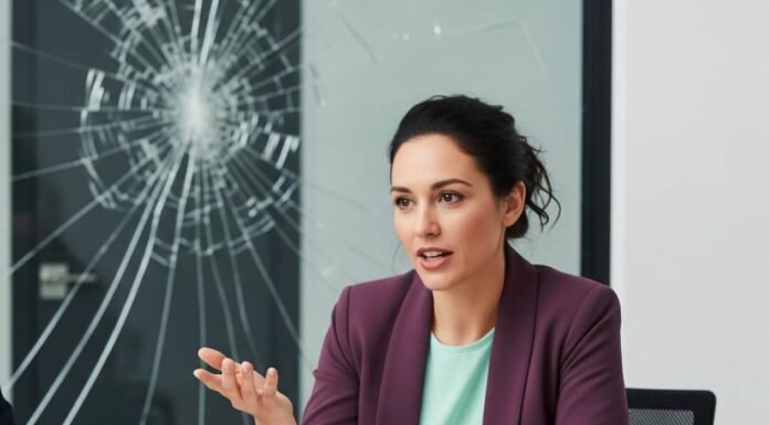10 Inspiring Leadership Roles Women Are Dominating in 2025 A woman confidently leads a meeting with a cracked glass background.