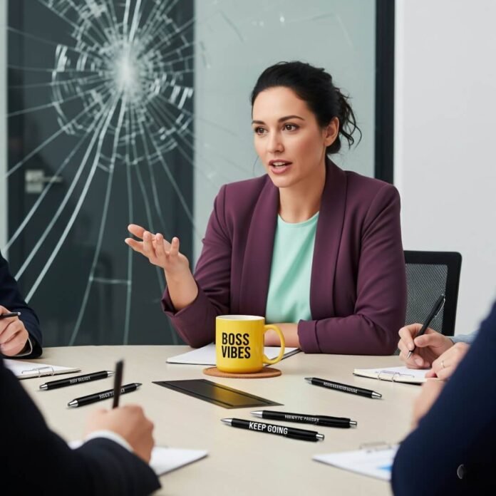 A woman confidently leads a meeting with a cracked glass background.
