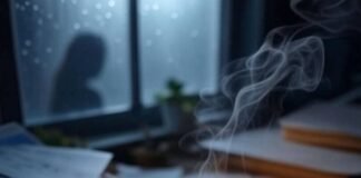 Self-Care Isn’t Selfish: Women’s Mental Health Matters Messy desk with chipped tea mug, smudged journal, woman’s shadow on rainy window.