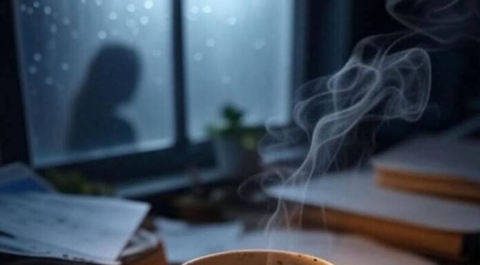 Self-Care Isn’t Selfish: Women’s Mental Health Matters Messy desk with chipped tea mug, smudged journal, woman’s shadow on rainy window.