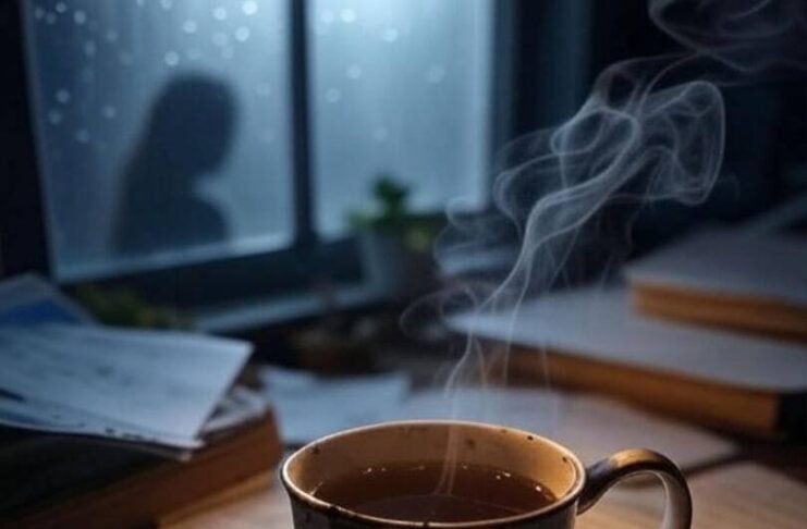 Self-Care Isn’t Selfish: Women’s Mental Health Matters Messy desk with chipped tea mug, smudged journal, woman’s shadow on rainy window.