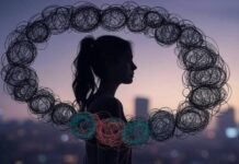 My Totally Chaotic Take on How Stress Affects Women Silhouette of woman with chaotic thought bubbles, coffee-stained to-do list, mismatched sock, glowing yoga mat.