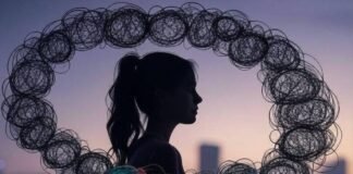 My Totally Chaotic Take on How Stress Affects Women Silhouette of woman with chaotic thought bubbles, coffee-stained to-do list, mismatched sock, glowing yoga mat.