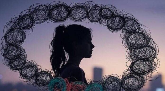 My Totally Chaotic Take on How Stress Affects Women Silhouette of woman with chaotic thought bubbles, coffee-stained to-do list, mismatched sock, glowing yoga mat.