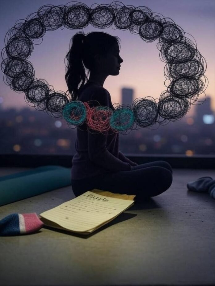 Silhouette of woman with chaotic thought bubbles, coffee-stained to-do list, mismatched sock, glowing yoga mat. Silhouette of woman with chaotic thought bubbles, coffee-stained to-do list, mismatched sock, glowing yoga mat.