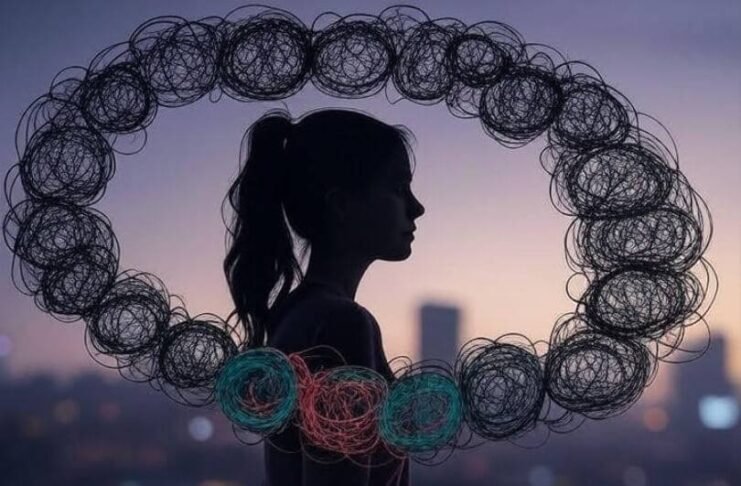 My Totally Chaotic Take on How Stress Affects Women Silhouette of woman with chaotic thought bubbles, coffee-stained to-do list, mismatched sock, glowing yoga mat.