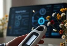 The Future of Birth Control: Empowering Women’s Choices Woman’s hand holds futuristic birth control device, holographic pills, wildflowers, coffee-stained desk.