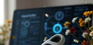 The Future of Birth Control: Empowering Women’s Choices Woman’s hand holds futuristic birth control device, holographic pills, wildflowers, coffee-stained desk.