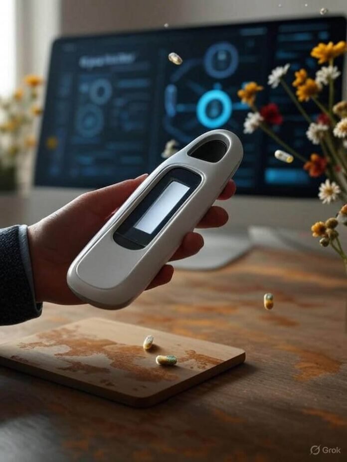 Woman’s hand holds futuristic birth control device, holographic pills, wildflowers, coffee-stained desk.