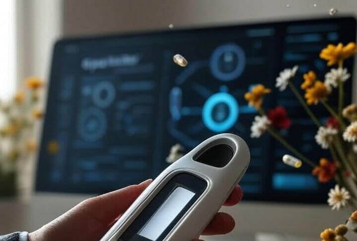 The Future of Birth Control: Empowering Women’s Choices Woman’s hand holds futuristic birth control device, holographic pills, wildflowers, coffee-stained desk.