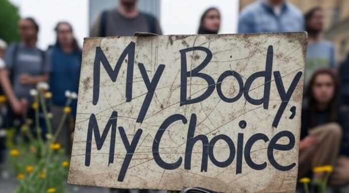 Why Reproductive Justice Is More Than Just Healthcare Weathered "My Body, My Choice" sign with muddy sneakers, blurry crowd, wildflowers.