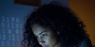 7 STEM Fields Where Women Are Breaking Barriers A young woman with curly hair is focused on her laptop, which has glowing circuits.