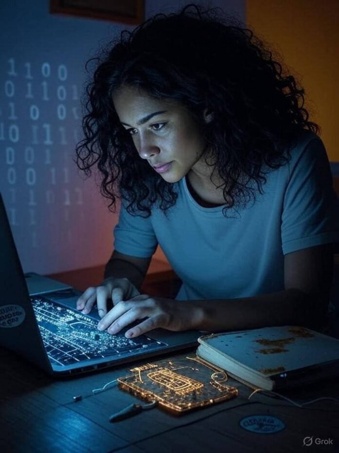 A young woman with curly hair is focused on her laptop, which has glowing circuits.