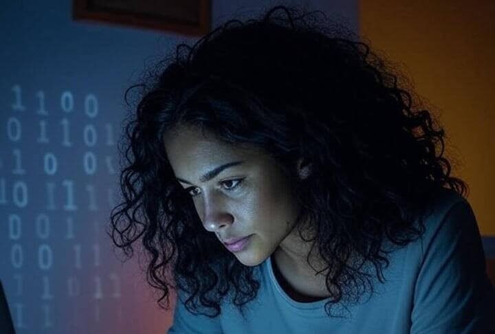 7 STEM Fields Where Women Are Breaking Barriers A young woman with curly hair is focused on her laptop, which has glowing circuits.