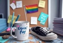 Workplace Equality Isn’t a Trend—It’s a Right Messy desk with rainbow flag, chipped "Equal Pay" mug, sneaker, and scattered notes.