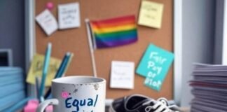 Workplace Equality Isn’t a Trend—It’s a Right Messy desk with rainbow flag, chipped "Equal Pay" mug, sneaker, and scattered notes.
