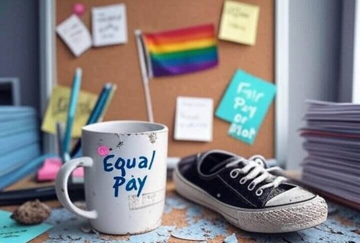 Workplace Equality Isn’t a Trend—It’s a Right Messy desk with rainbow flag, chipped "Equal Pay" mug, sneaker, and scattered notes.
