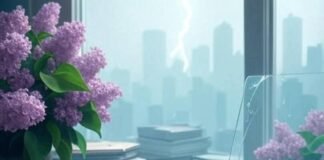 Top Leadership Skills Every Woman Needs in Today’s World Dreamy hand holding chipped "Slay All Day" mug, cluttered desk with notebooks, cracked laptop, foggy city skyline, lightning doodles, lilac, orange, teal tones.