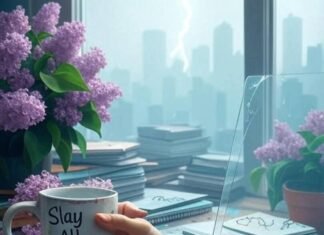 Top Leadership Skills Every Woman Needs in Today’s World Dreamy hand holding chipped "Slay All Day" mug, cluttered desk with notebooks, cracked laptop, foggy city skyline, lightning doodles, lilac, orange, teal tones.