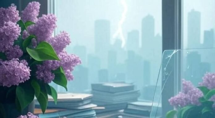 Top Leadership Skills Every Woman Needs in Today’s World Dreamy hand holding chipped "Slay All Day" mug, cluttered desk with notebooks, cracked laptop, foggy city skyline, lightning doodles, lilac, orange, teal tones.