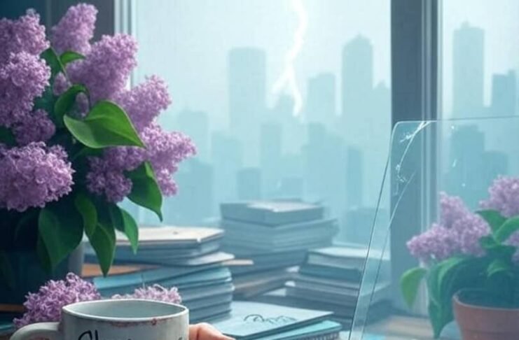 Top Leadership Skills Every Woman Needs in Today’s World Dreamy hand holding chipped "Slay All Day" mug, cluttered desk with notebooks, cracked laptop, foggy city skyline, lightning doodles, lilac, orange, teal tones.